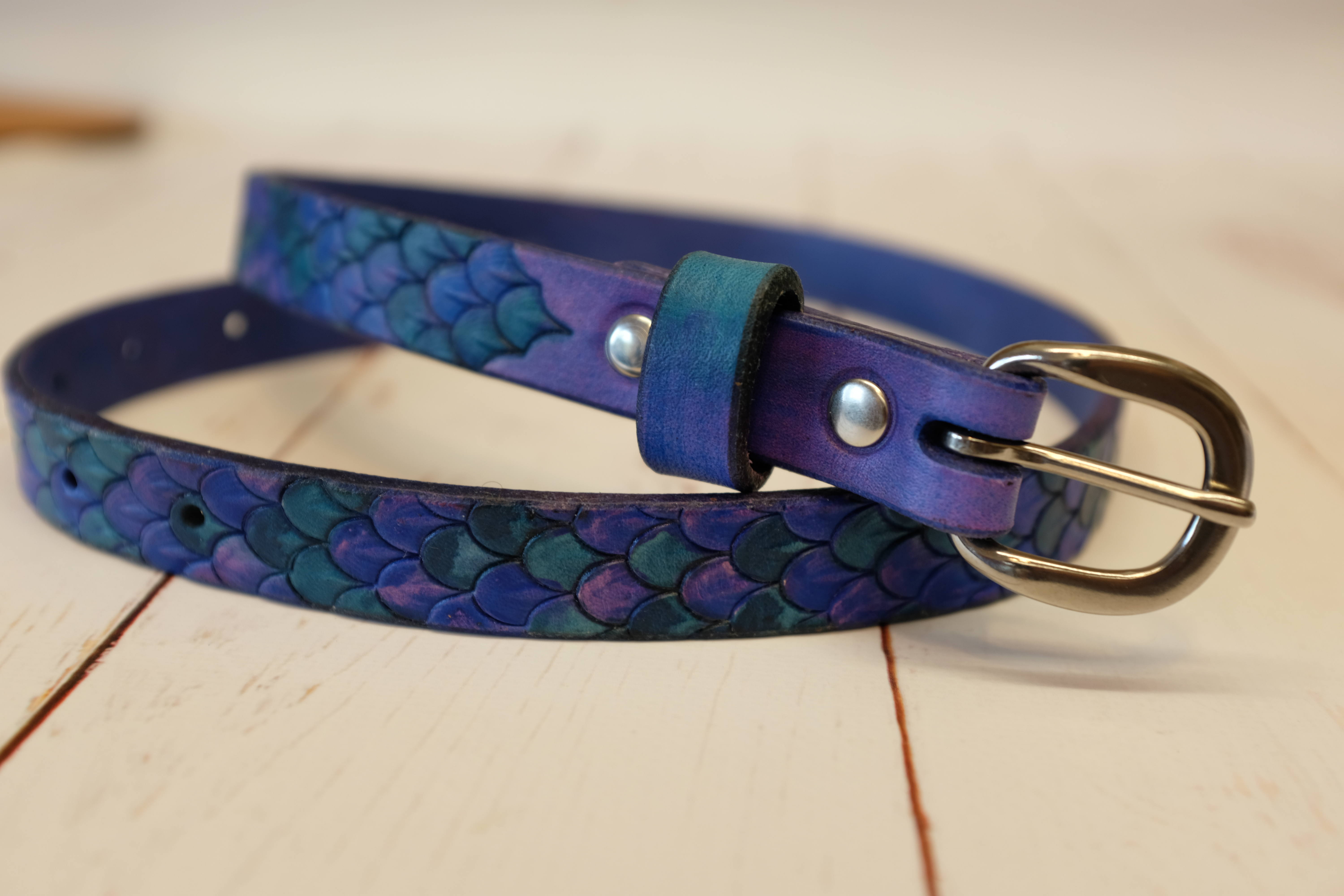 Purple and Blue Dragon Scale Leather Belt 3/4"