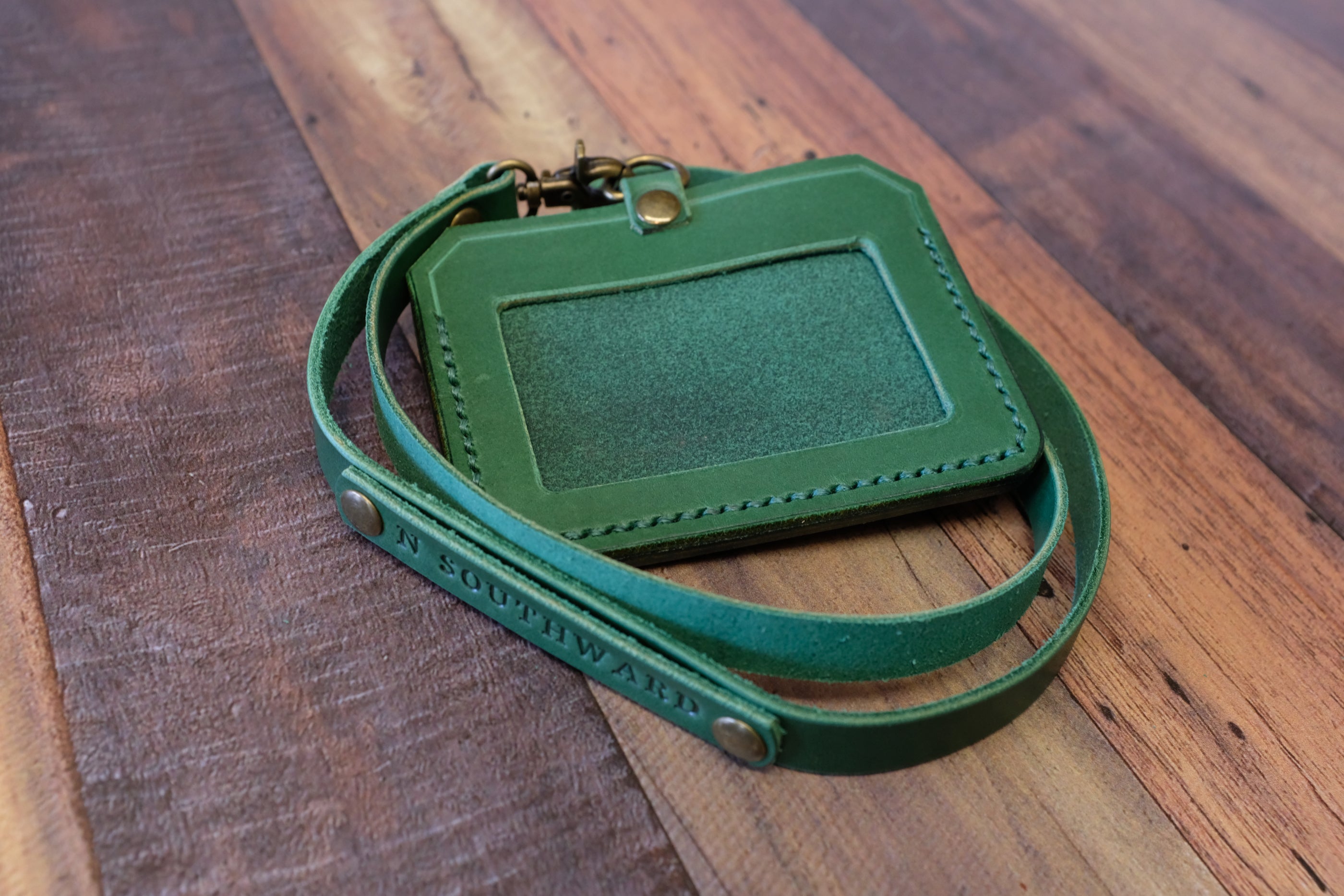 Italian Leather ID Holder Horizontal with Lanyard - Green