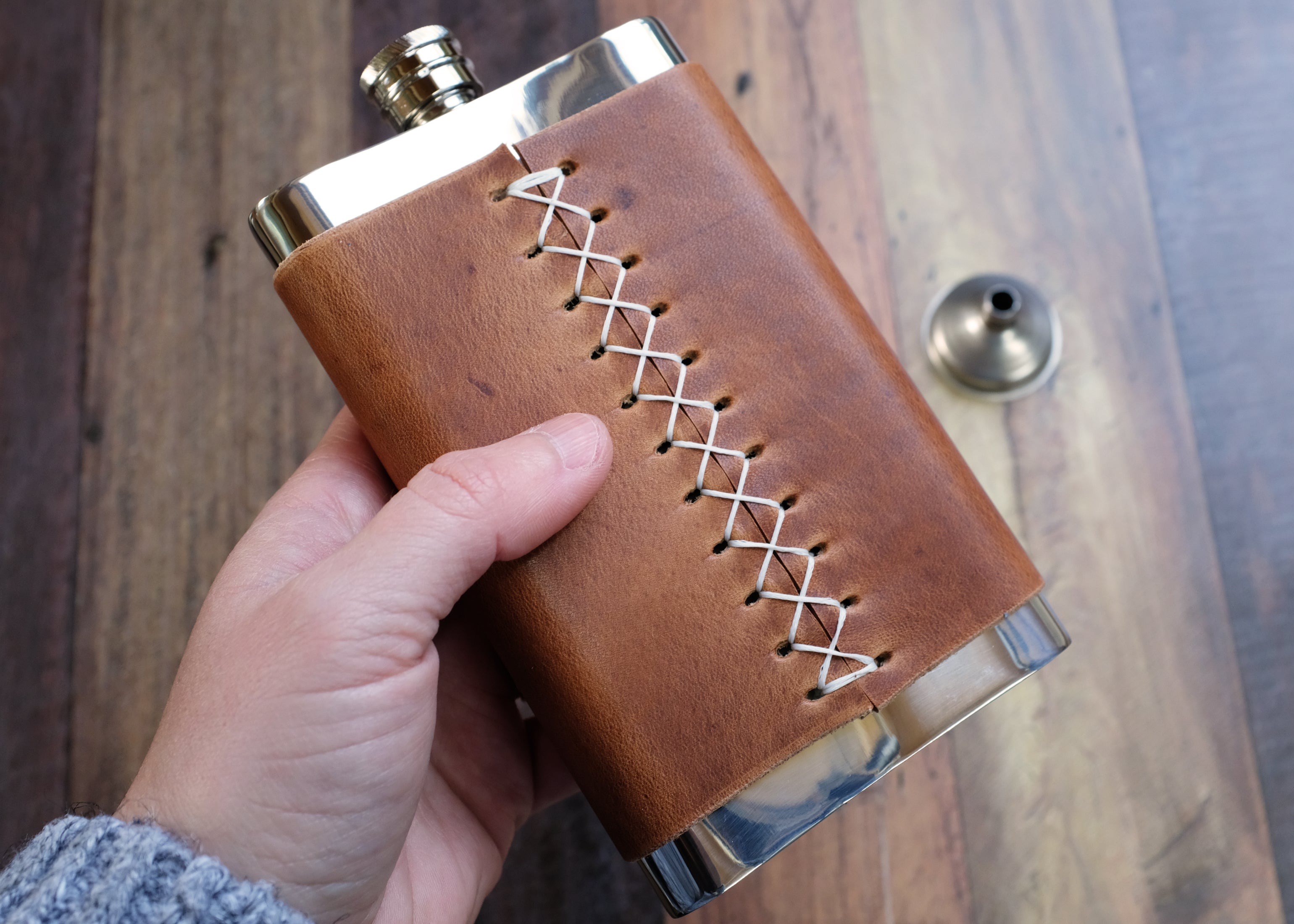 Leather Wrapped 8oz Pewter Hip Flask