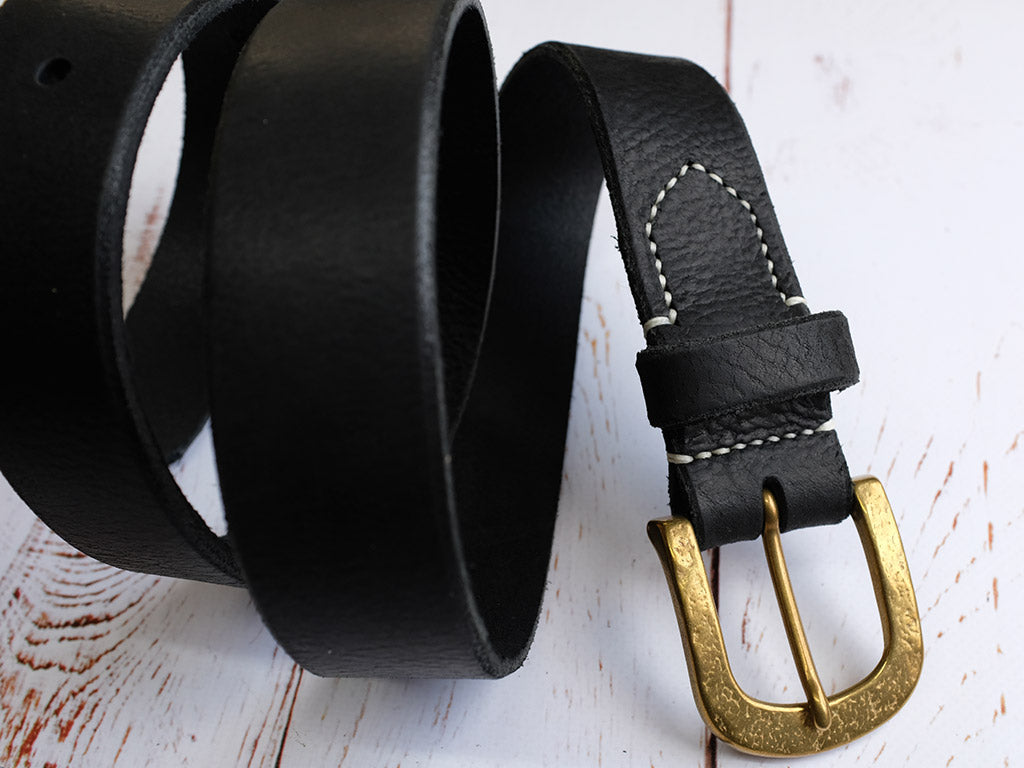 Leather Belt 35mm with Textured Brass Buckle - Black