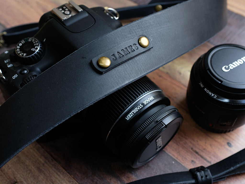 Personalised Italian Leather Camera Strap - Black