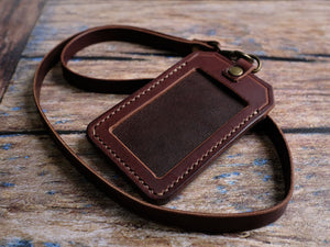 Italian Leather ID Holder with Lanyard - Brown