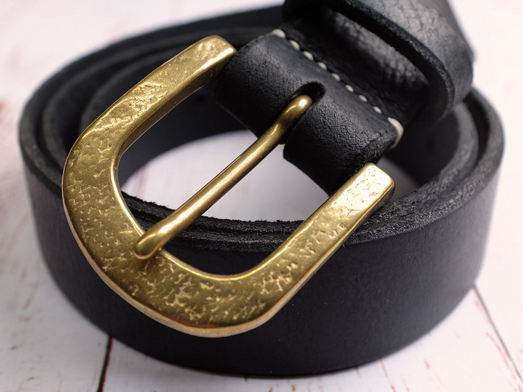 Leather Belt 35mm with Textured Brass Buckle - Black