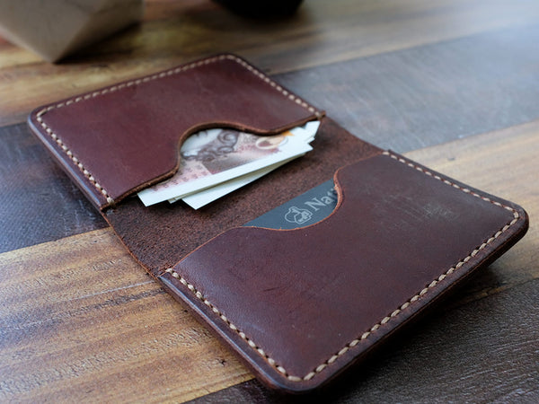 Hide & Groom Minimalist Wallet - Handmade Full Grain Leather Business Card & Money Holder | Bourbon Brown